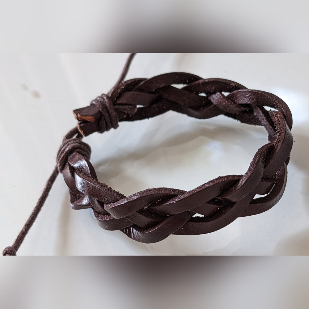 Unisex Brown Leather Braided Adjustable Bracelet